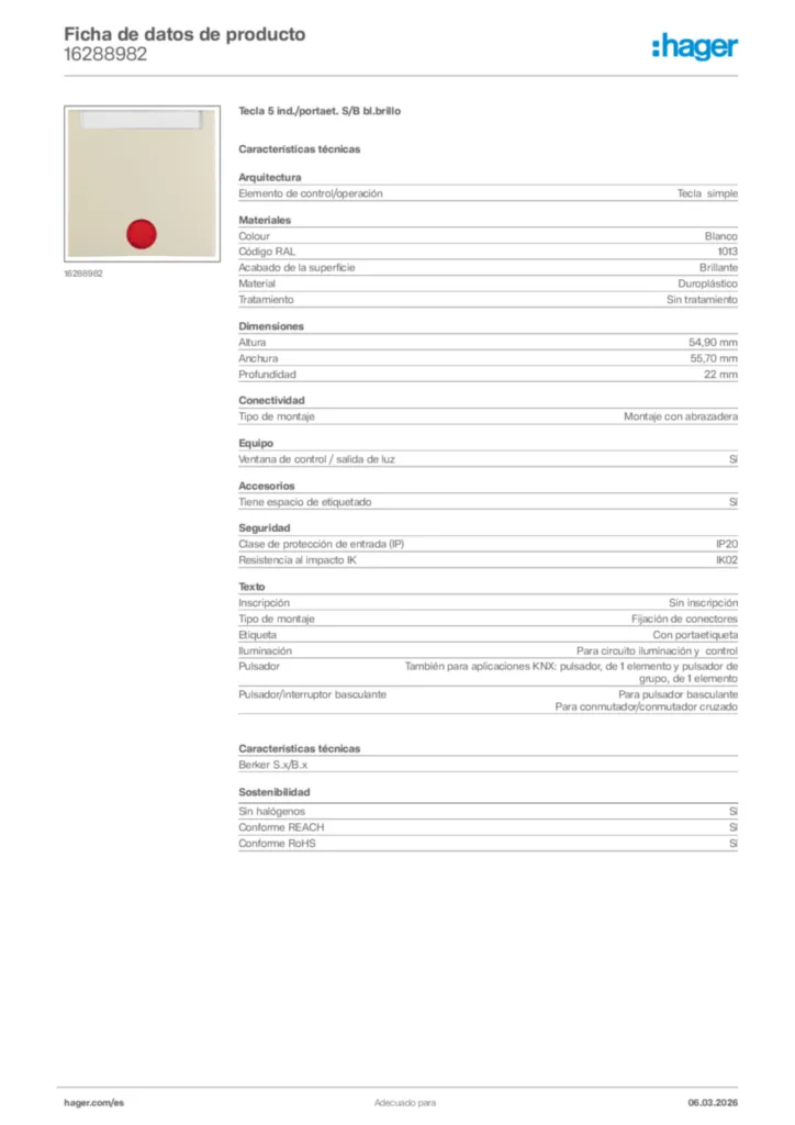 Imagen Hager Ficha de datos de producto 16288982 | Hager España