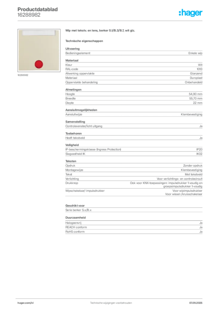 Afbeelding Hager Productdatablad 16288982 | Hager Nederland
