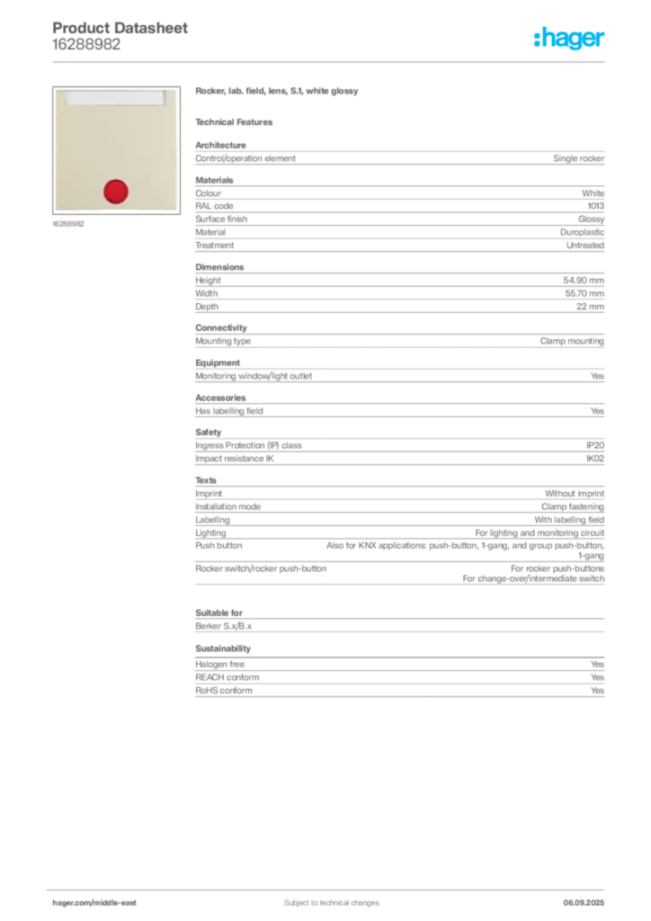 Image Hager Product data sheet 16288982  | Hager