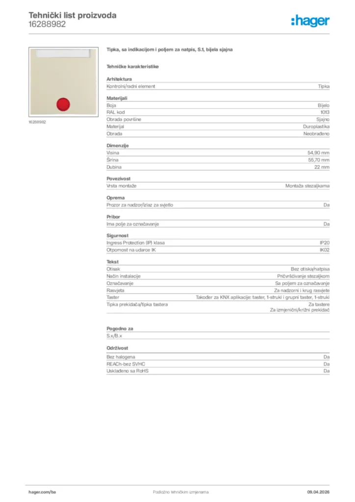 Slika Hager Tehnički list proizvoda 16288982  | Hager