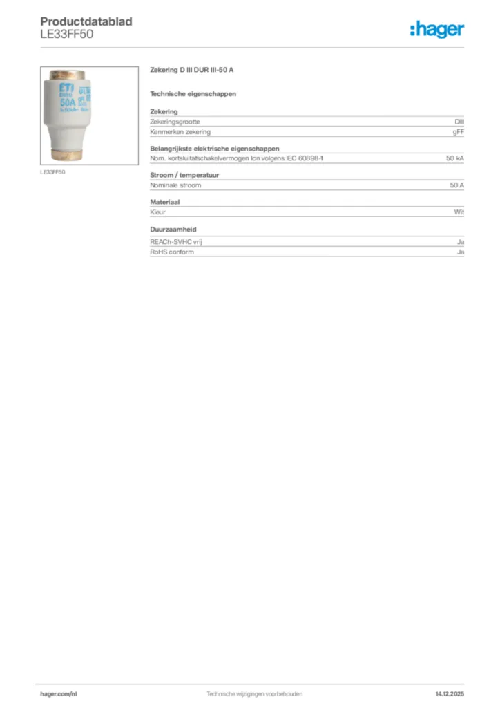 Afbeelding Hager Productdatablad LE33FF50 | Hager Nederland