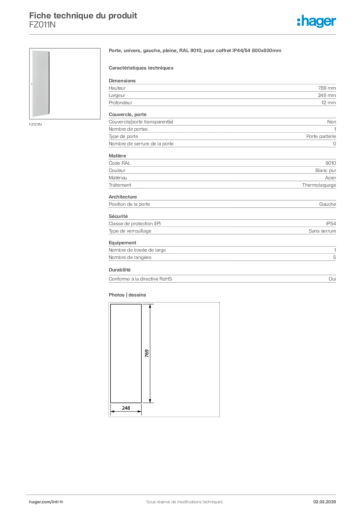 Image Hager Fiche technique du produit FZ011N | Hager Afrique