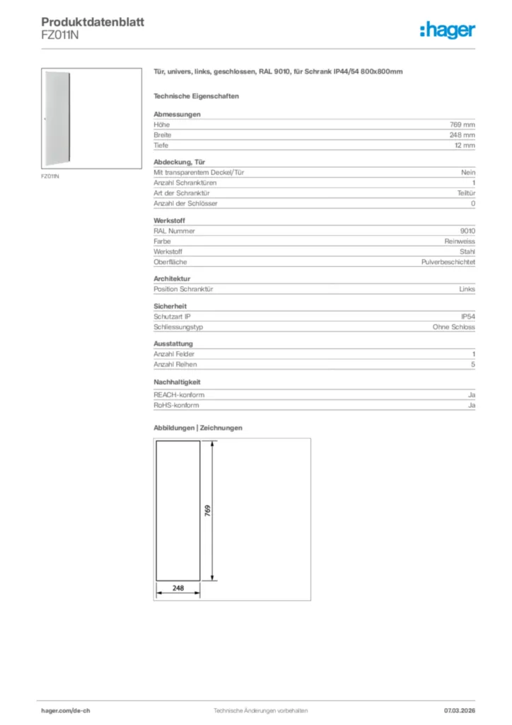 Bild Hager Produktdatenblatt FZ011N | Hager Schweiz