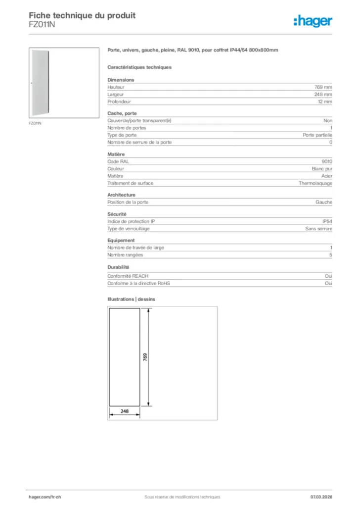 Image Hager Fiche technique du produit FZ011N | Hager Suisse