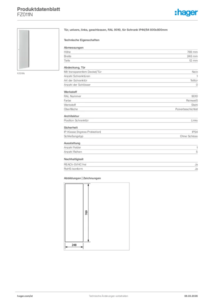 Bild Hager Produktdatenblatt FZ011N | Hager Deutschland