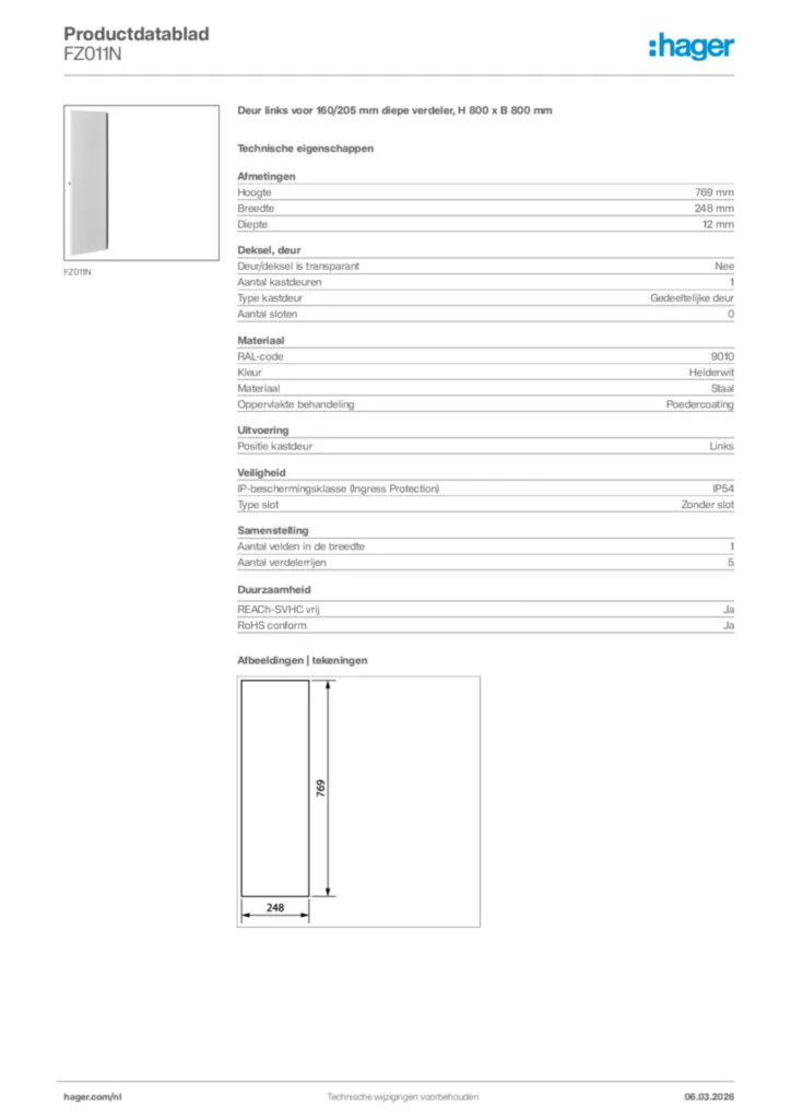 Afbeelding Hager Productdatablad FZ011N | Hager Nederland