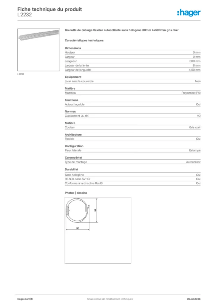 Image Hager Fiche technique du produit L2232 | Hager France