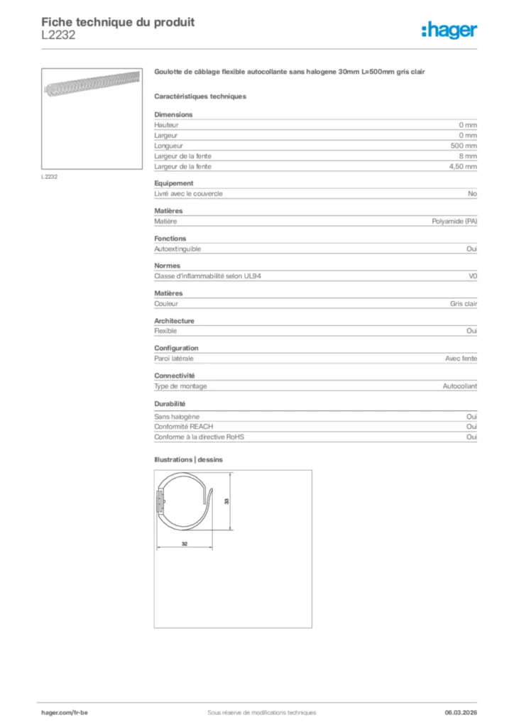 Image Hager Fiche technique du produit L2232 | Hager Belgique