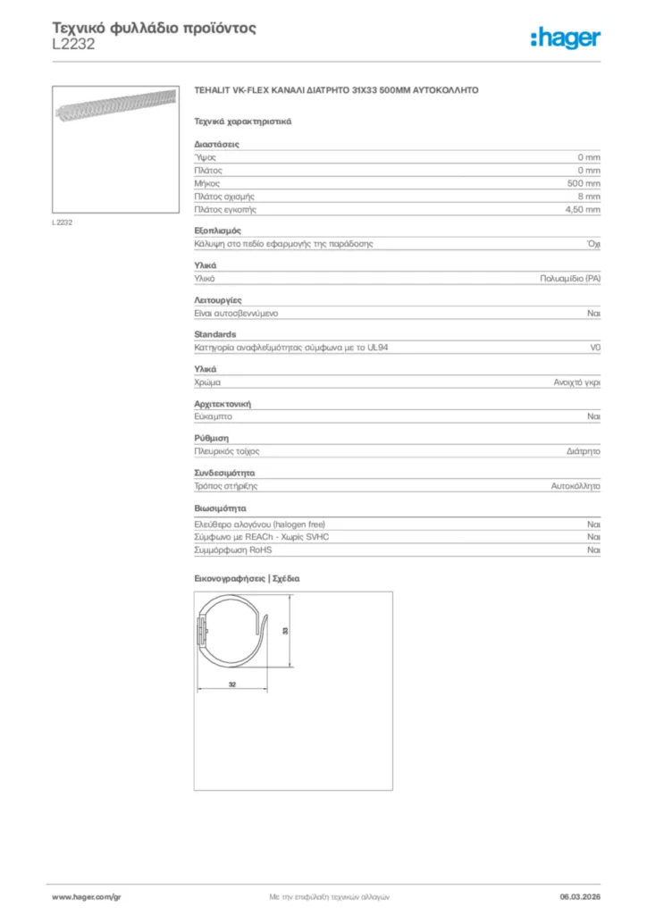 Εικόνα Hager Τεχνικό φυλλάδιο προϊόντος L2232 | Hager