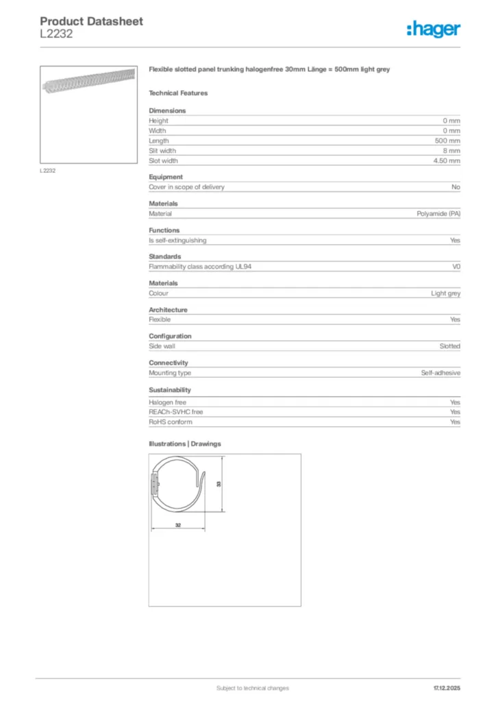 Image Hager Product data sheet L2232  | Hager