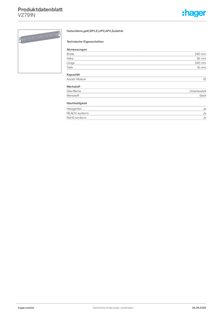 Bild Hager Produktdatenblatt VZ791N | Hager Deutschland
