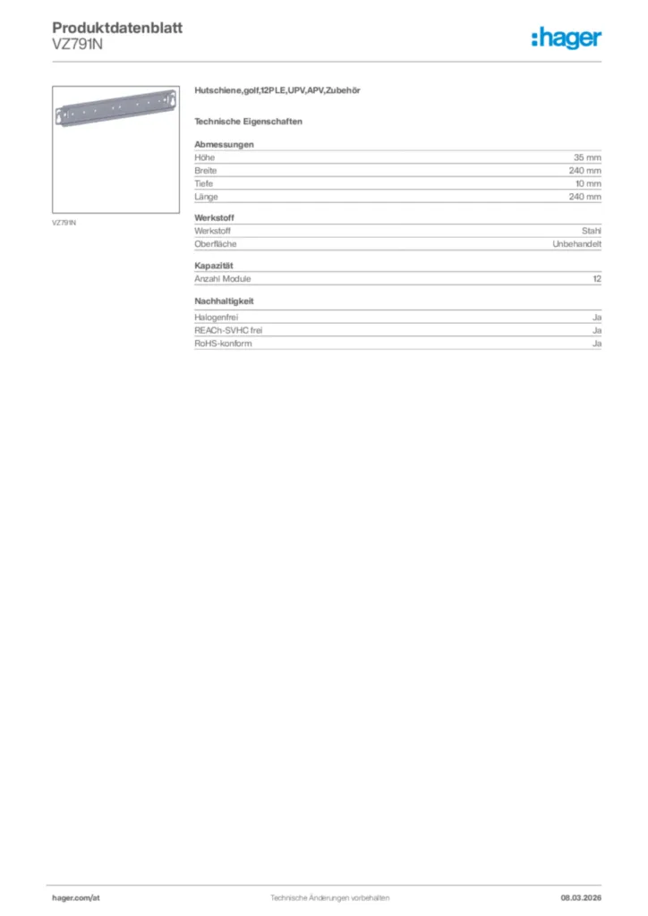 Bild Hager Produktdatenblatt VZ791N | Hager Deutschland