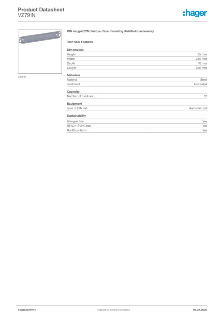 Image Hager Product data sheet VZ791N  | Hager