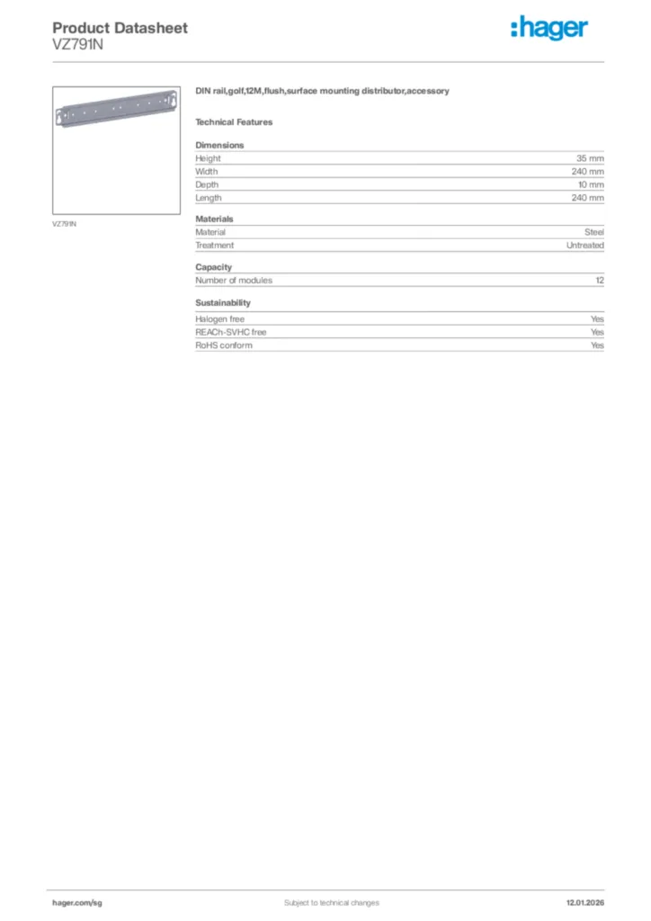 Image Hager Product data sheet VZ791N  | Hager