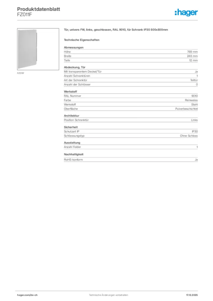 Bild Hager Produktdatenblatt FZ011F | Hager Schweiz
