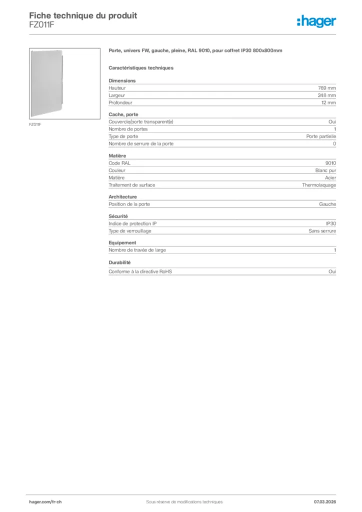 Image Hager Fiche technique du produit FZ011F | Hager Suisse