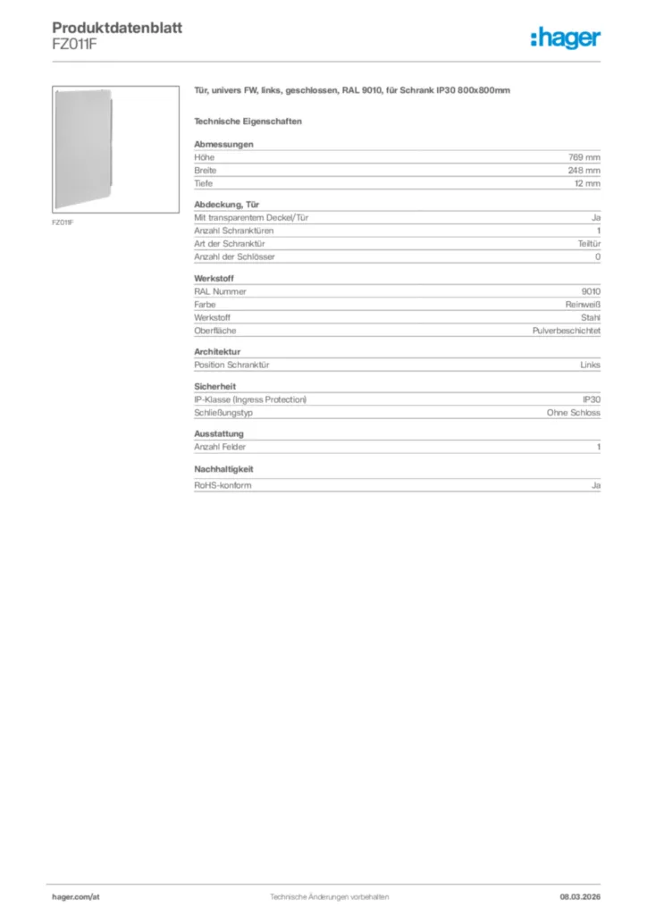 Bild Hager Produktdatenblatt FZ011F | Hager Deutschland