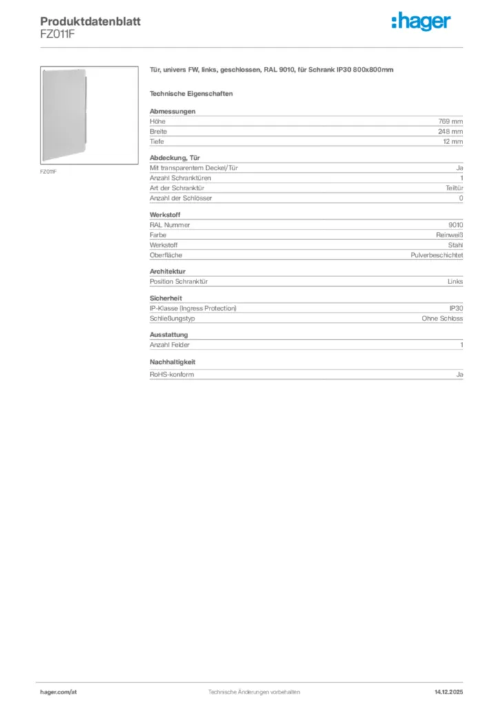 Bild Hager Produktdatenblatt FZ011F | Hager Deutschland