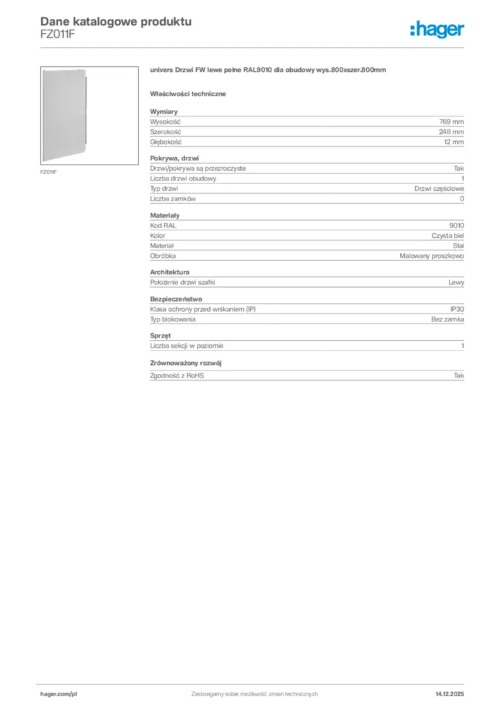 Zdjęcie Hager Karta katalogowa FZ011F | Hager Polska
