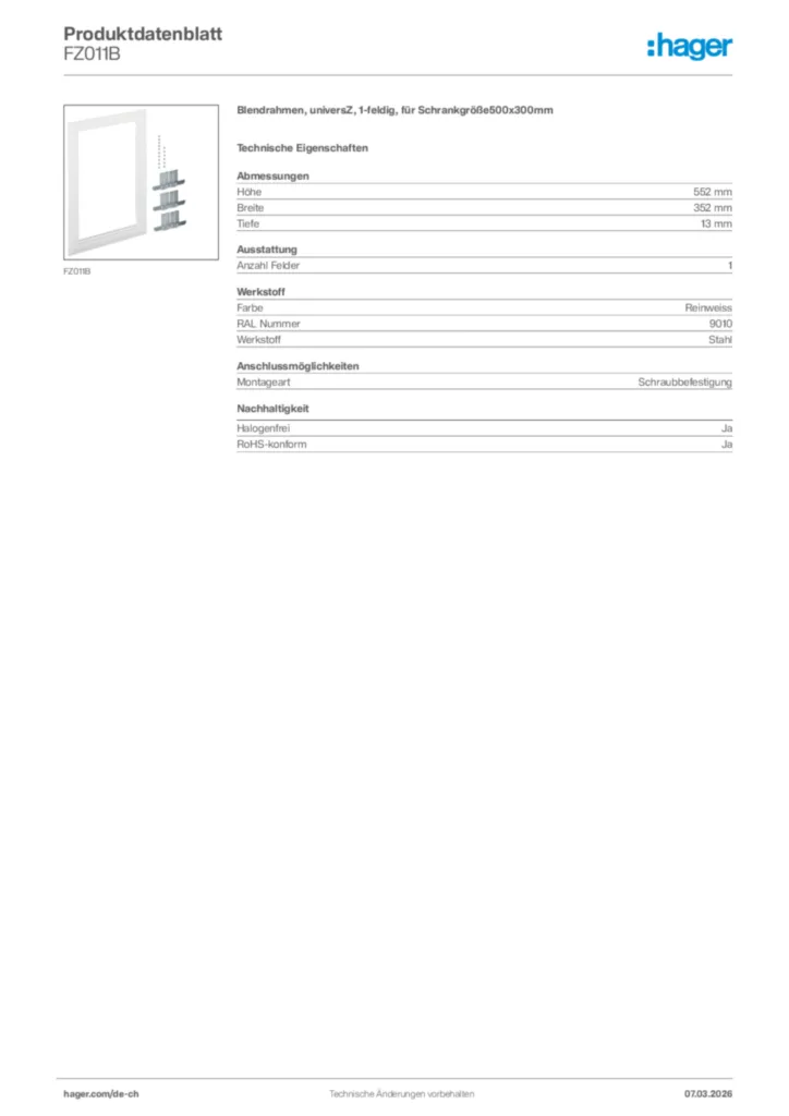 Bild Hager Produktdatenblatt FZ011B | Hager Schweiz