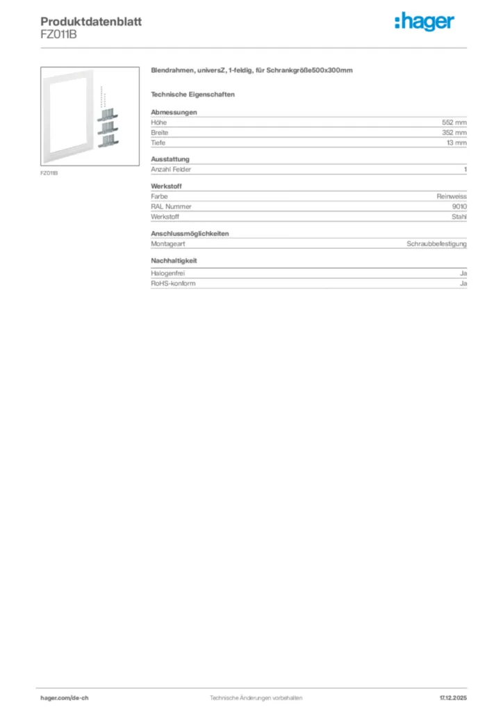 Bild Hager Produktdatenblatt FZ011B | Hager Schweiz