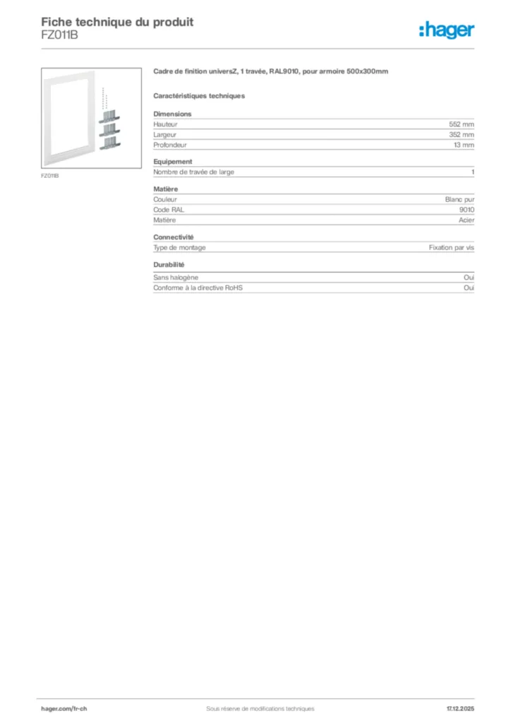 Image Hager Fiche technique du produit FZ011B | Hager Suisse