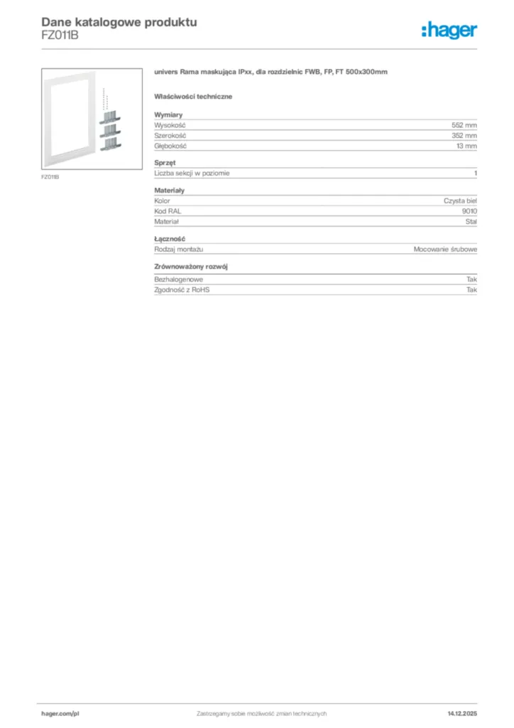 Zdjęcie Hager Karta katalogowa FZ011B | Hager Polska