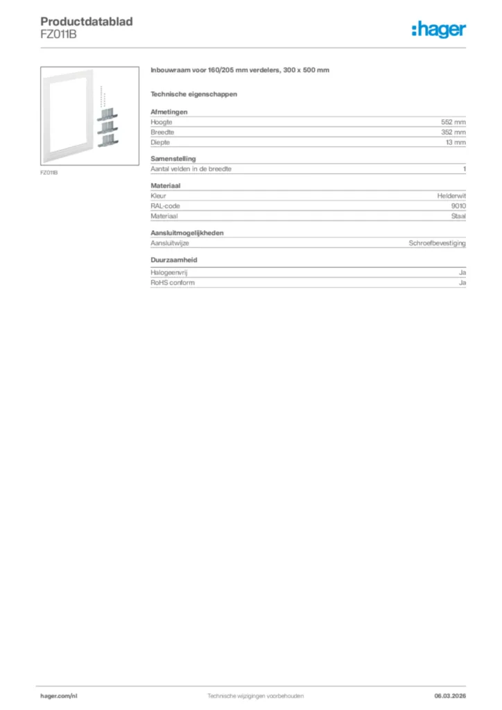 Afbeelding Hager Productdatablad FZ011B | Hager Nederland