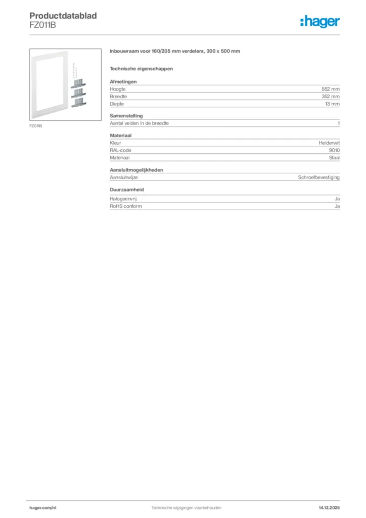 Afbeelding Hager Productdatablad FZ011B | Hager Nederland
