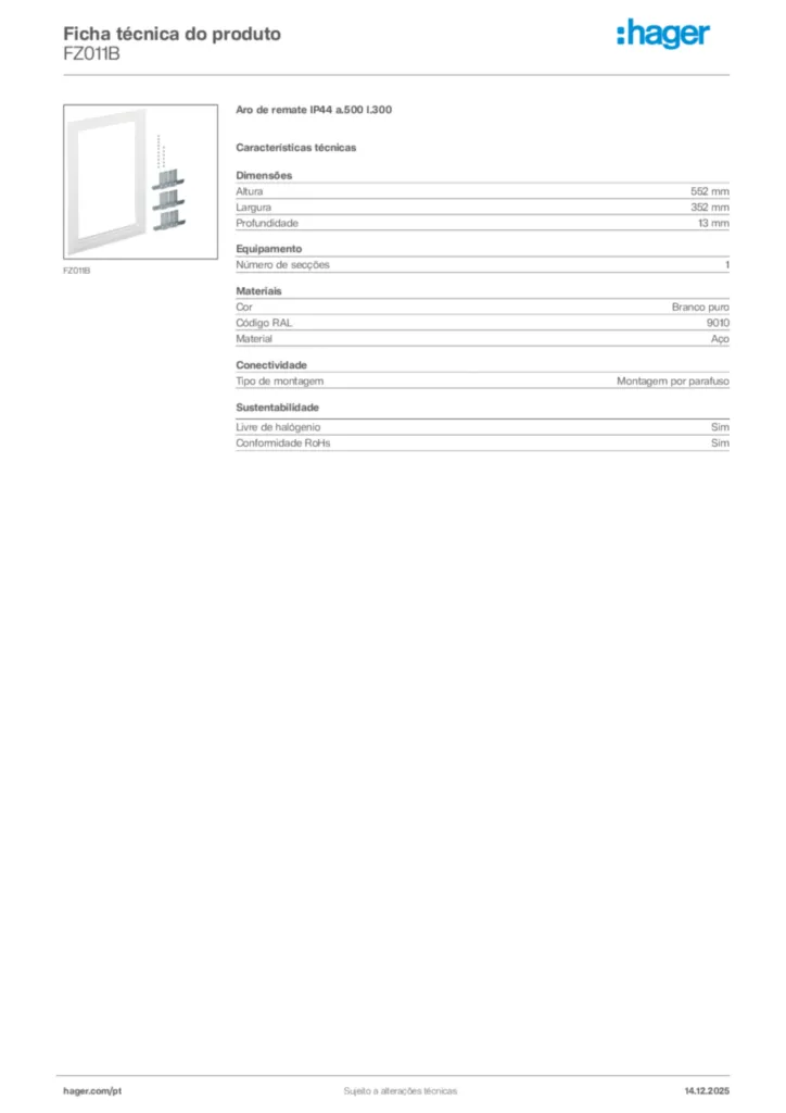 Imagem Hager Ficha técnica do produto FZ011B | Hager Portugal