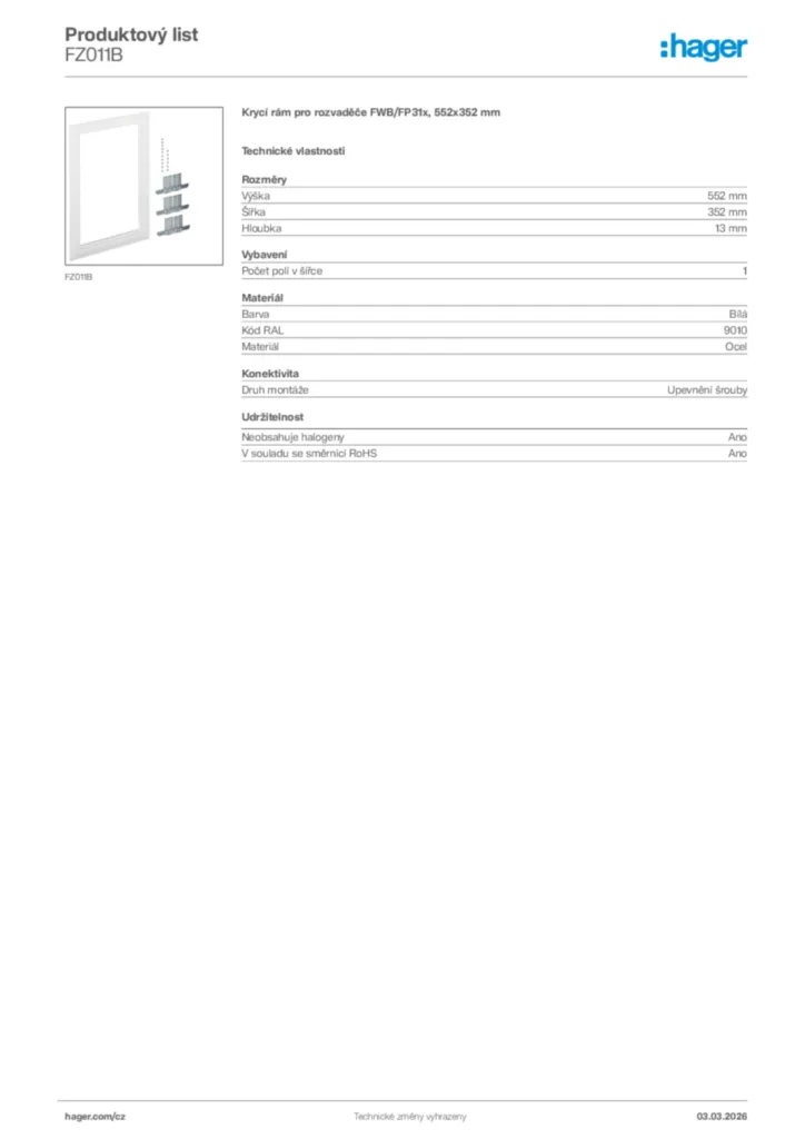Obrázek Hager Product data sheet FZ011B | Hager