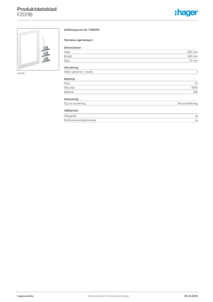 Bild Hager Produktdatablad FZ011B | Hager Sverige