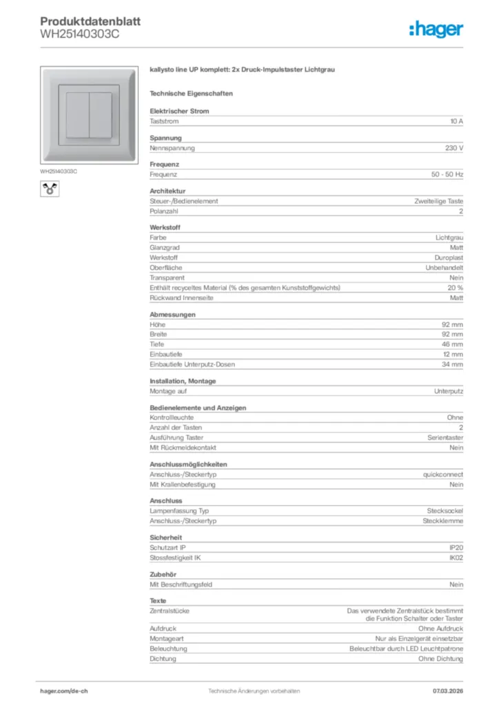 Bild Hager Produktdatenblatt WH25140303C | Hager Schweiz