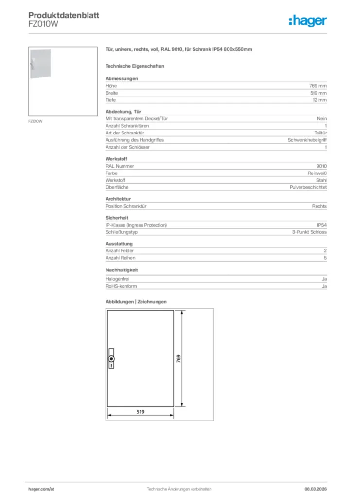 Bild Hager Produktdatenblatt FZ010W | Hager Deutschland