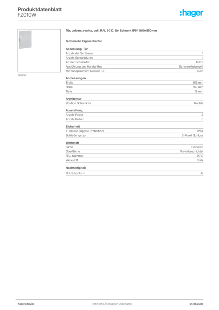 Bild Hager Produktdatenblatt FZ010W | Hager Deutschland