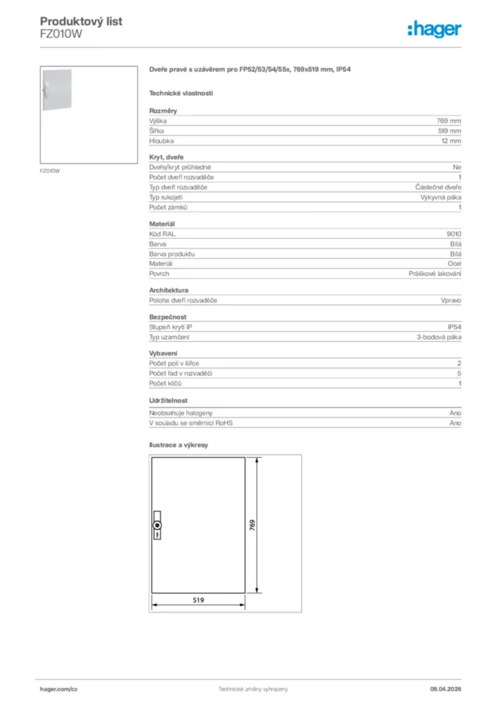 Obrázek Hager Product data sheet FZ010W | Hager
