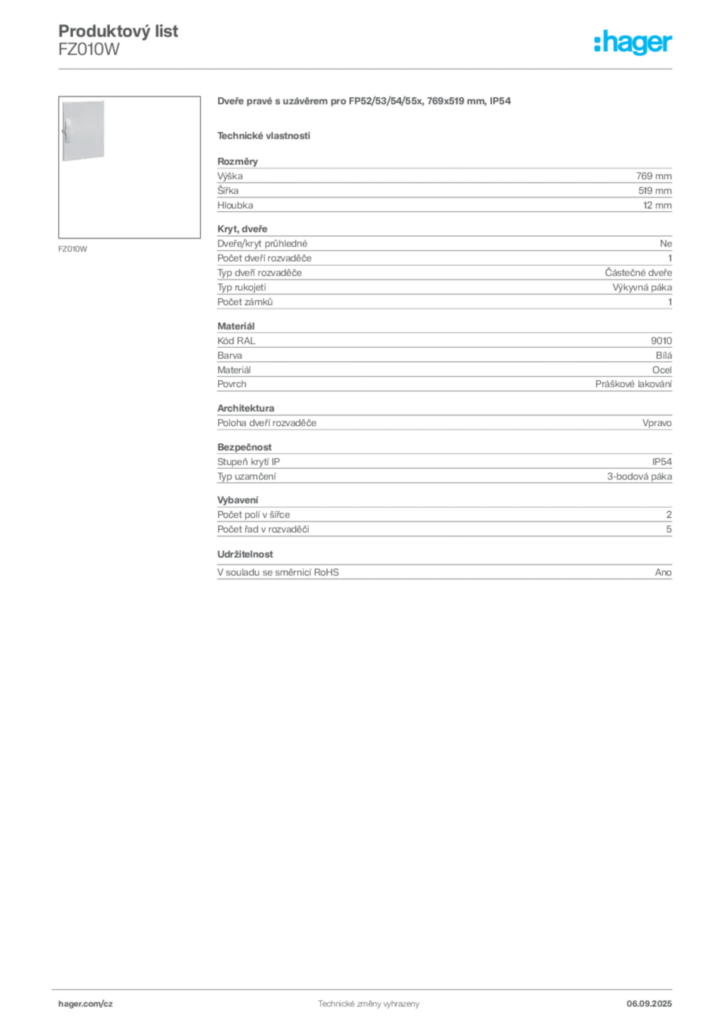 Obrázek Hager Produktový list FZ010W | Hager