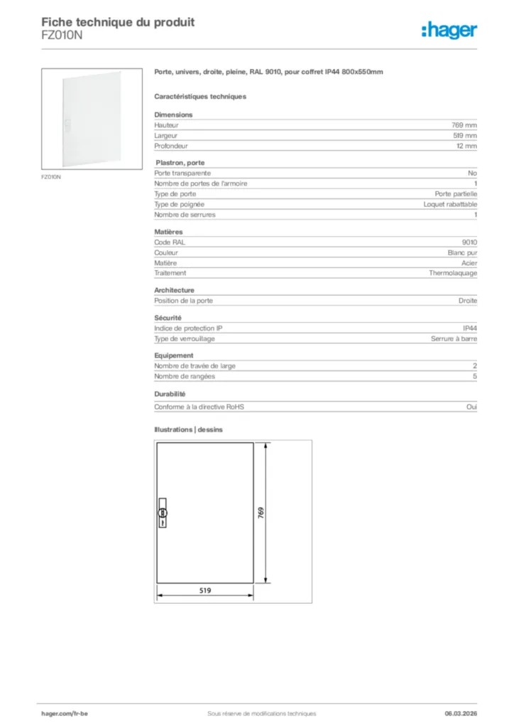 Image Hager Fiche technique du produit FZ010N | Hager Belgique