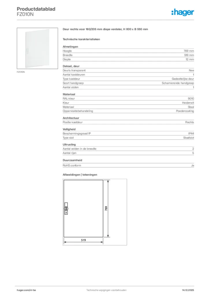 Afbeelding Hager Productdatablad FZ010N | Hager Belgium