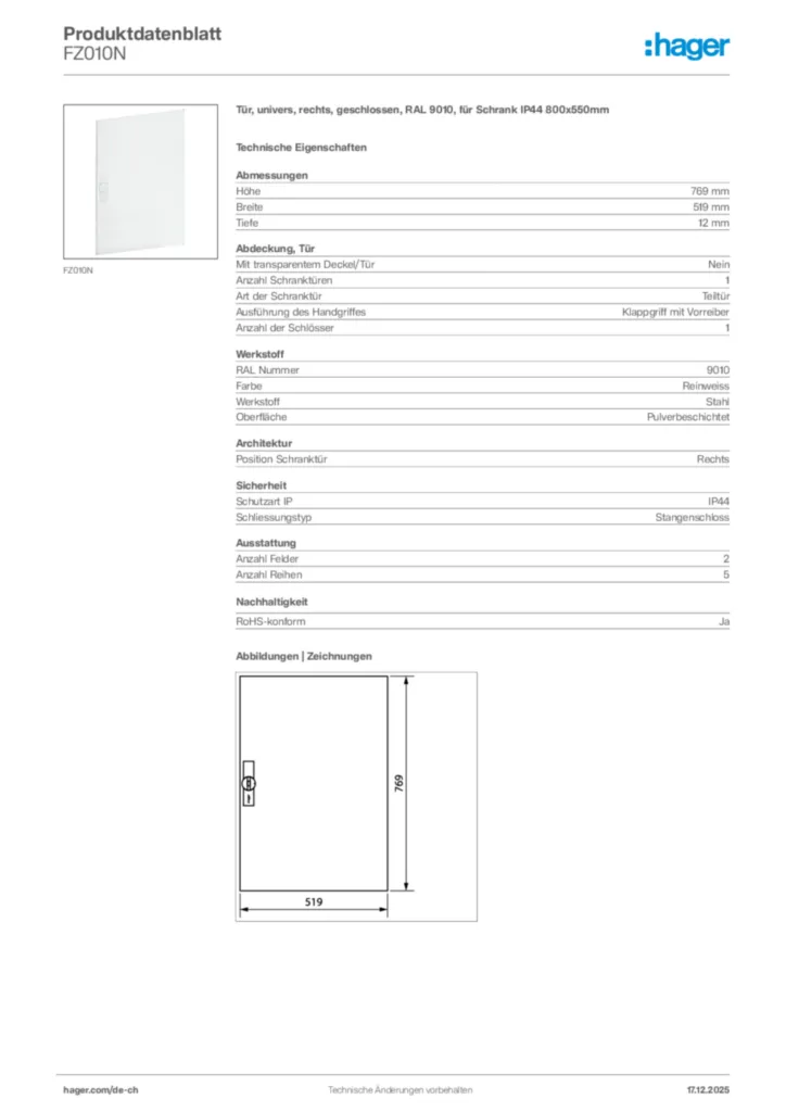 Bild Hager Produktdatenblatt FZ010N | Hager Schweiz