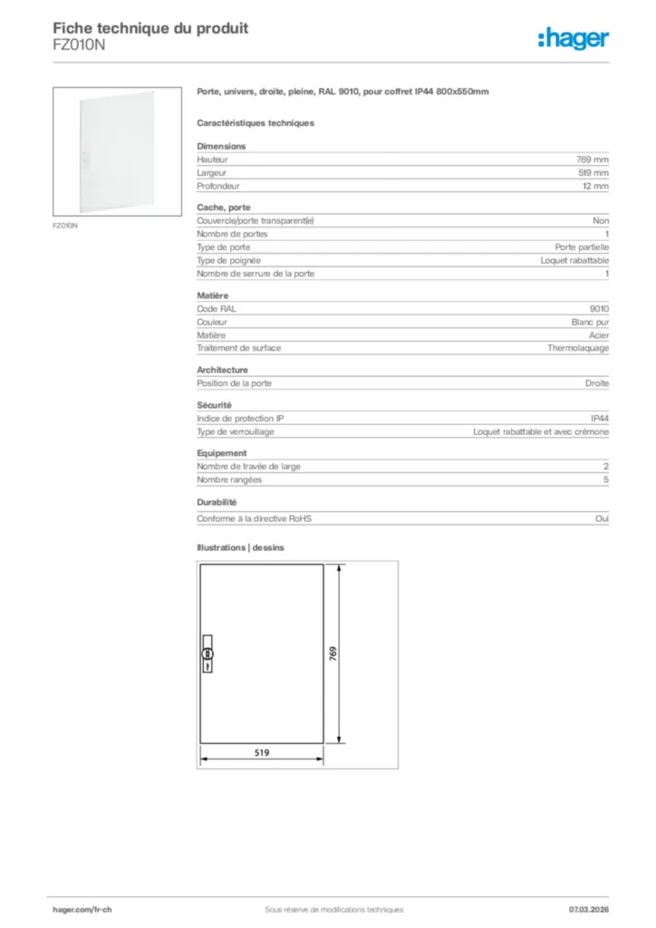 Image Hager Fiche technique du produit FZ010N | Hager Suisse