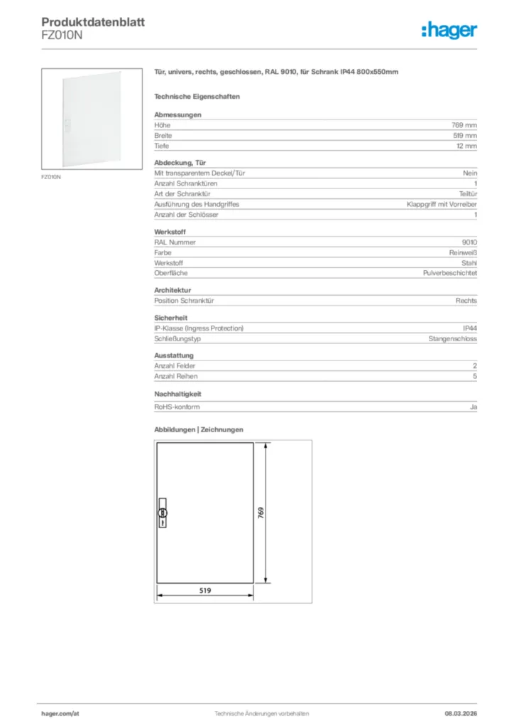Bild Hager Produktdatenblatt FZ010N | Hager Deutschland