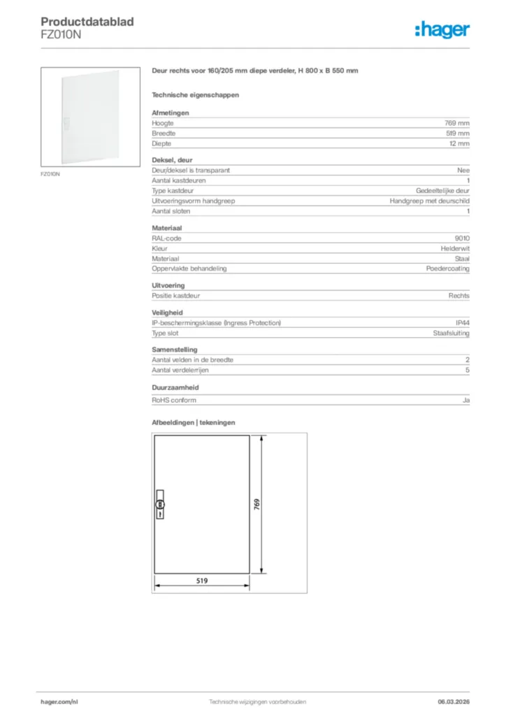 Afbeelding Hager Productdatablad FZ010N | Hager Nederland