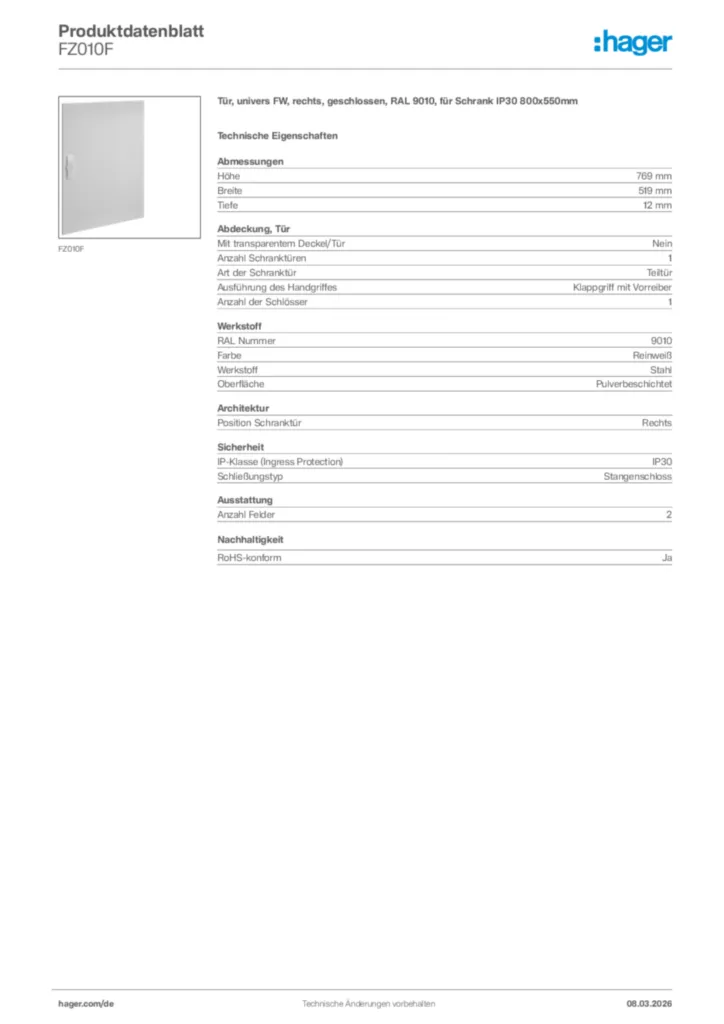 Bild Hager Produktdatenblatt FZ010F | Hager Deutschland