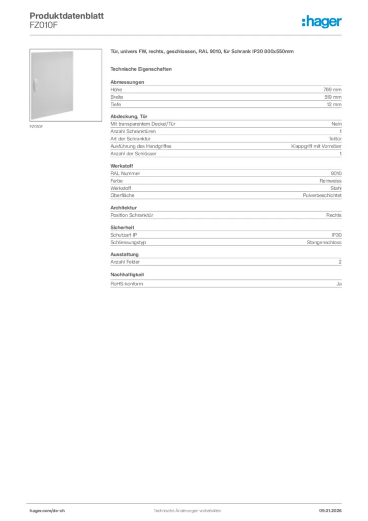 Bild Hager Produktdatenblatt FZ010F | Hager Schweiz