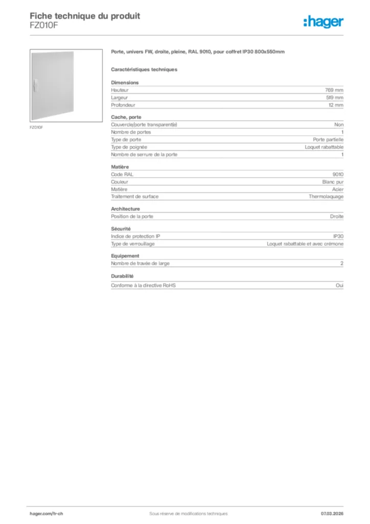 Image Hager Fiche technique du produit FZ010F | Hager Suisse