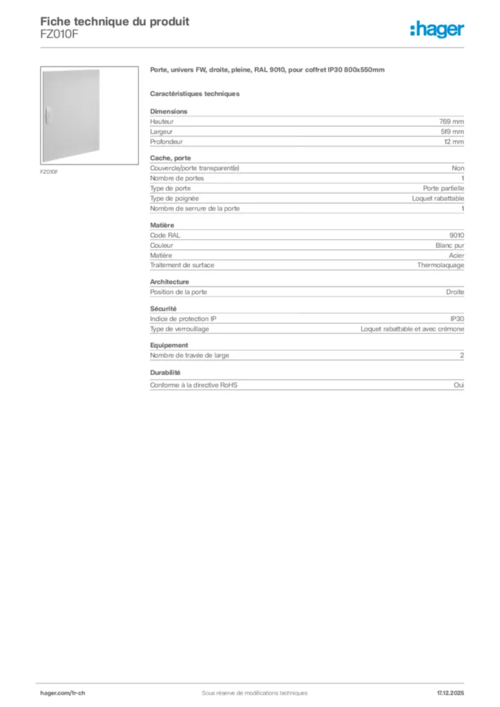 Image Hager Fiche technique du produit FZ010F | Hager Suisse