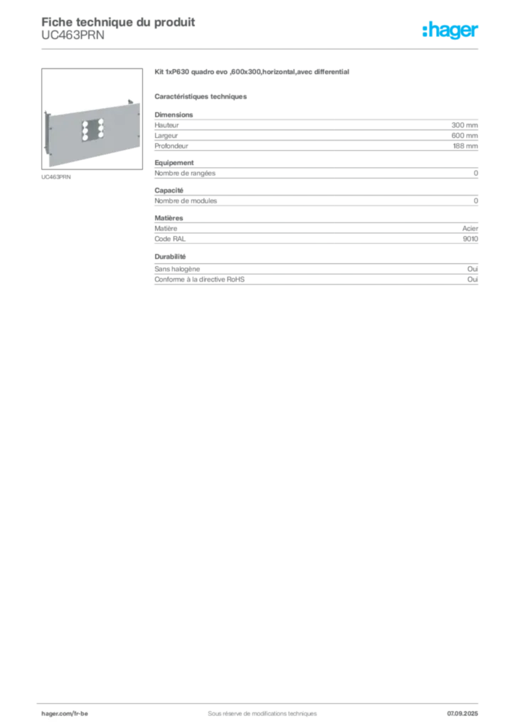 Image Hager Fiche technique du produit UC463PRN | Hager Belgique
