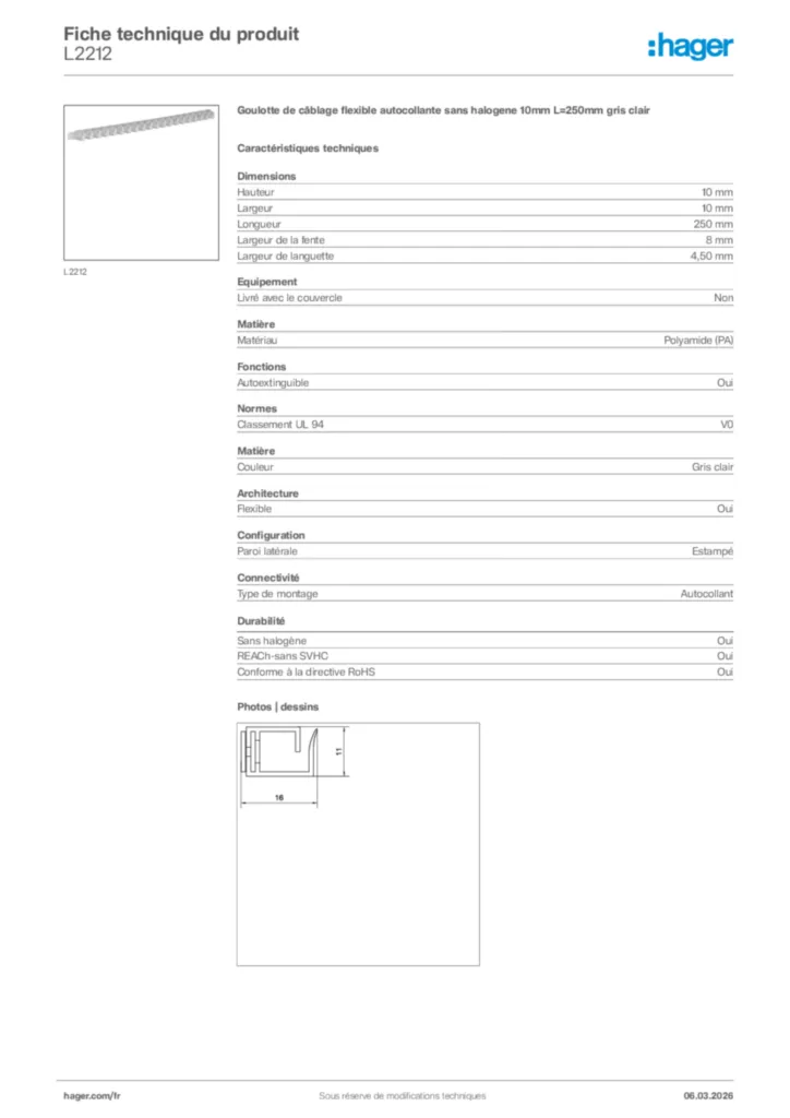 Image Hager Fiche technique du produit L2212 | Hager France