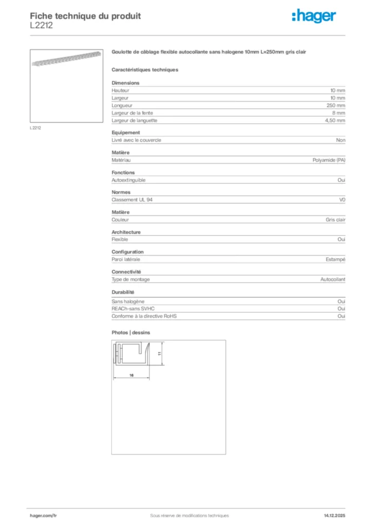 Image Hager Fiche technique du produit L2212 | Hager France